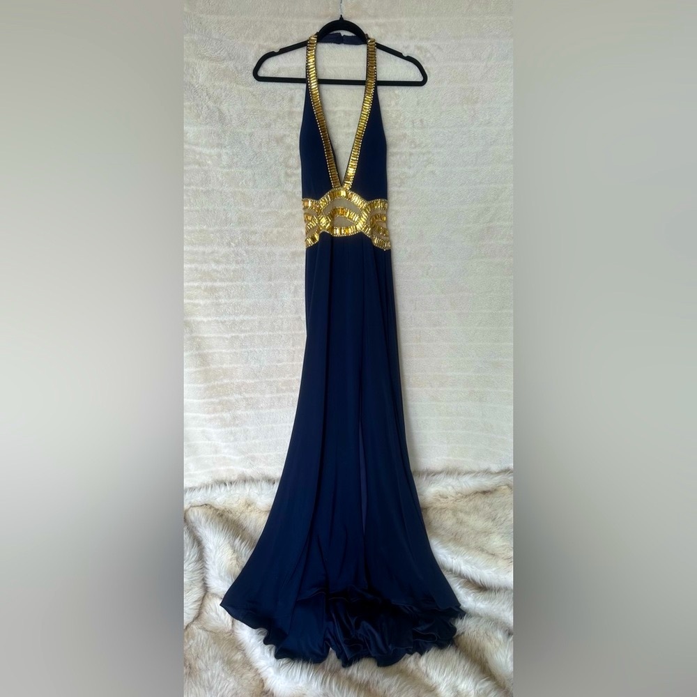 Camille La Vie Elegant Navy Blue Evening Gown with Gold Accents- D61